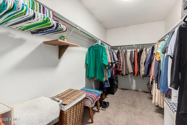 a view of walk in closet with clothes and shoes