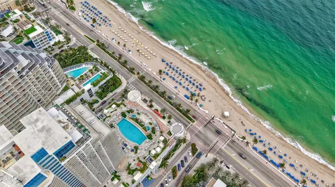 a view of a park with large trees
