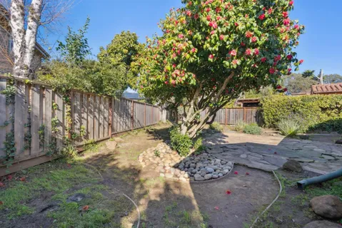 a view of a backyard with wooden fence