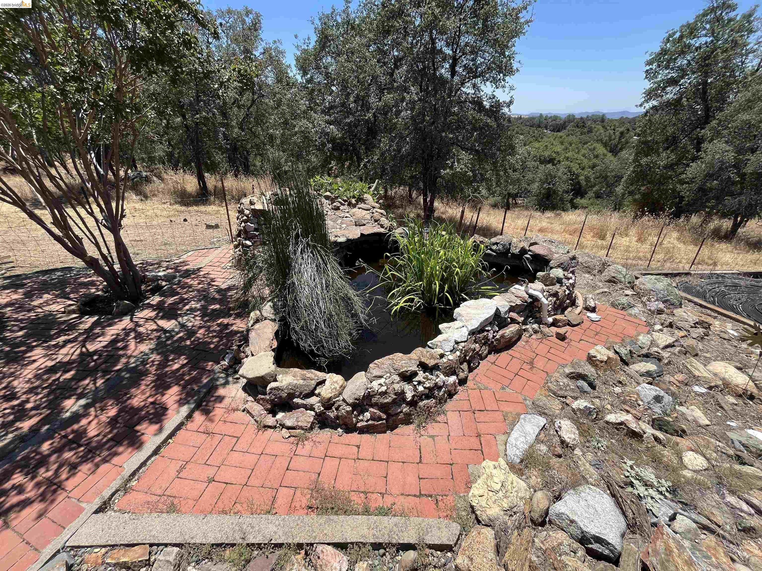 18195 Wards Ferry Road Sonora, CA 95370 - Photo 42 of 67 Stone-edged pond feature with aquatic plantings, surrounded by a red brick pathway