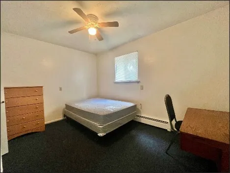 a room with a bed and a dresser