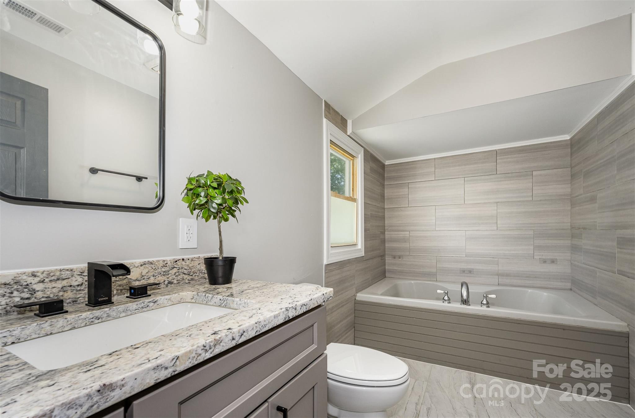 201 Valley Street Stanley, NC 28164 - Photo 13 of 25 a bathroom with a granite countertop bathtub sink vanity mirror and toilet