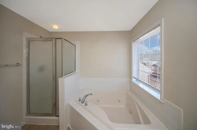 a bathroom with a bathtub and a shower