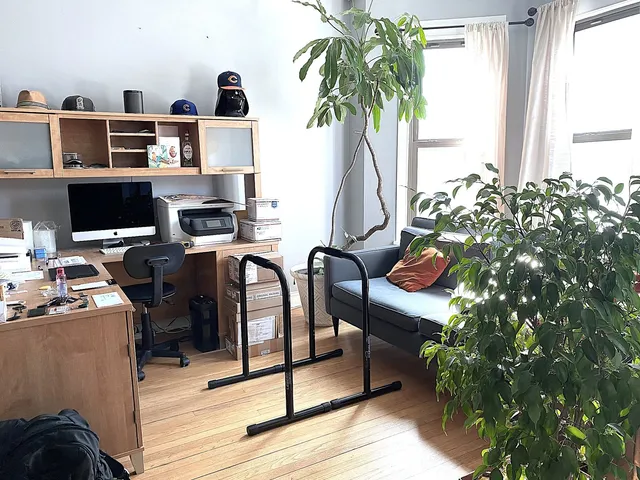 a view of a workspace with furniture and a potted plant