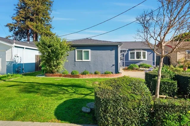 a front view of house with a garden