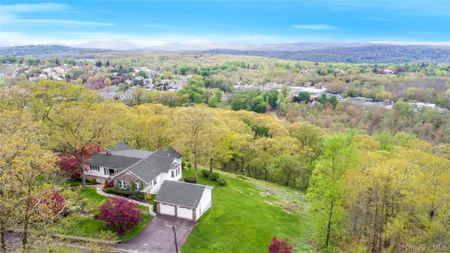 an aerial view of residential houses with outdoor space and trees