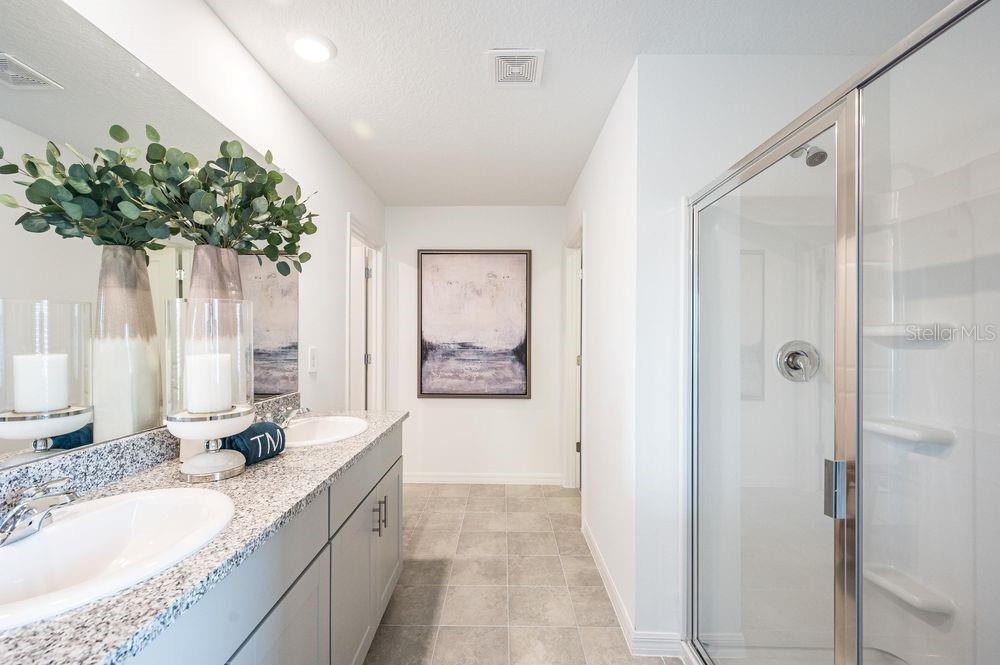 12486 Whisk Court Hudson, FL 34669 - Photo 7 of 29 a bathroom with a granite countertop sink a mirror and a shower