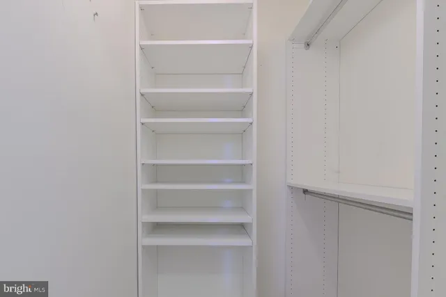 a view of walk in closet with empty racks