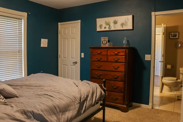 a bedroom with a bed and a tv on the dresser