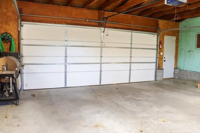 a view of a garage with storage