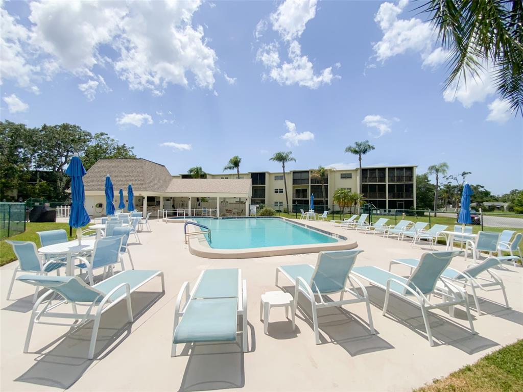 1370 Heather Ridge Boulevard, Unit 204 Dunedin, FL 34698 - Photo 32 of 37 a view of a patio with couches and a table and chairs with wooden fence