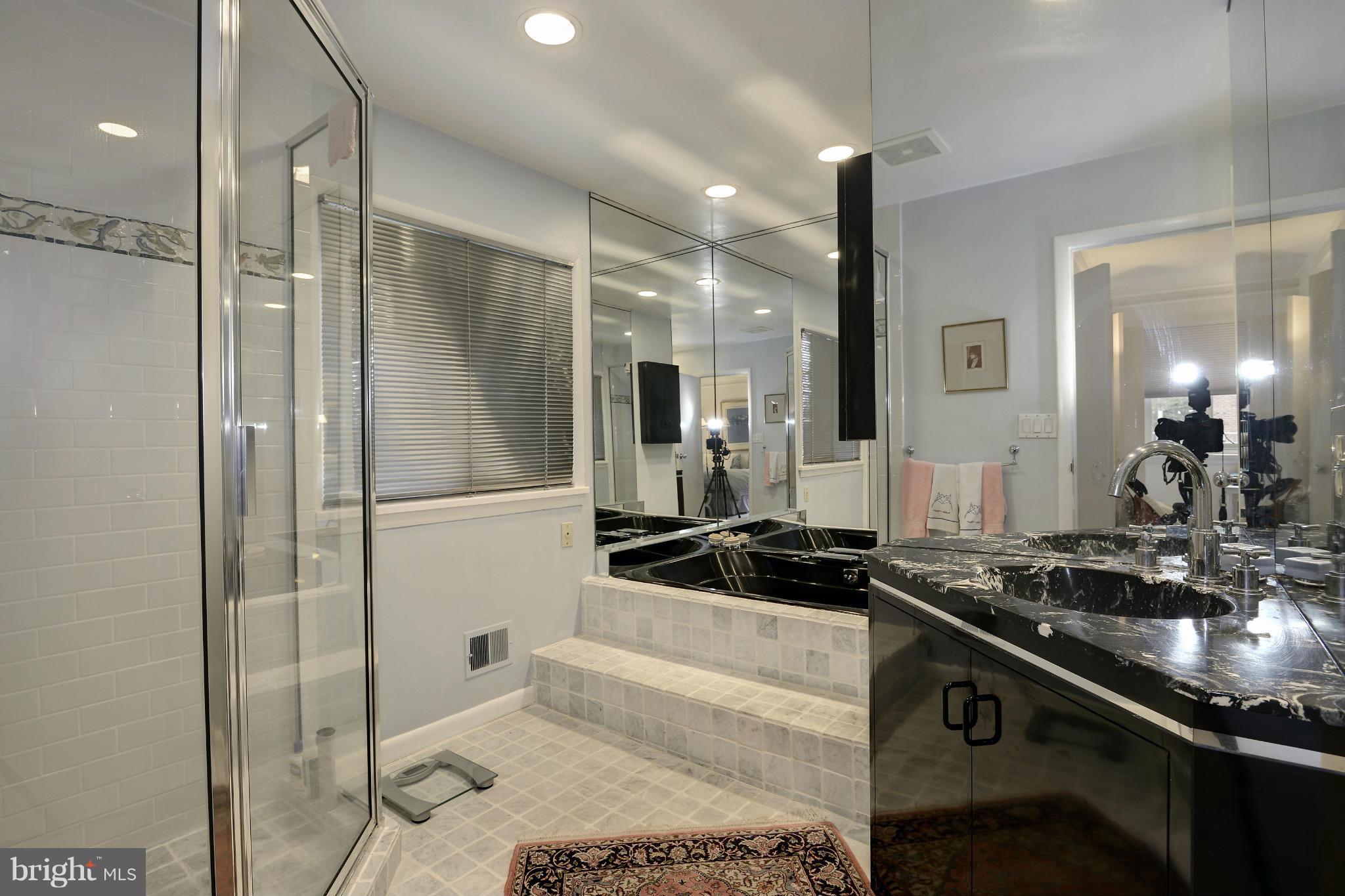 7606 Hamilton Spring Road Bethesda, MD 20817 - Photo 14 of 23 a bathroom with a granite countertop sink a mirror and shower