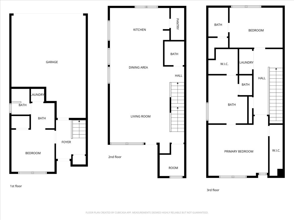 2777 Clinton Drive Houston, TX 77020 - Photo 37 of 37 This floor plan features a three-story home. The first floor includes a garage, bedroom, laundry, and bath. The second floor has a kitchen, dining area, living room, and bath. The third floor offers a primary bedroom with a walk-in closet, an additional bedroom, two baths, and another laundry area.