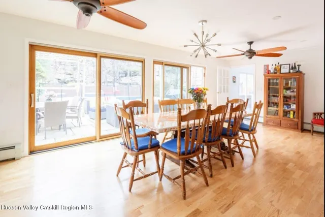 a view of a dining room with furniture window and outside view