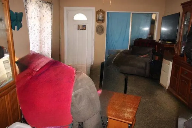 a living room with furniture and a lamp