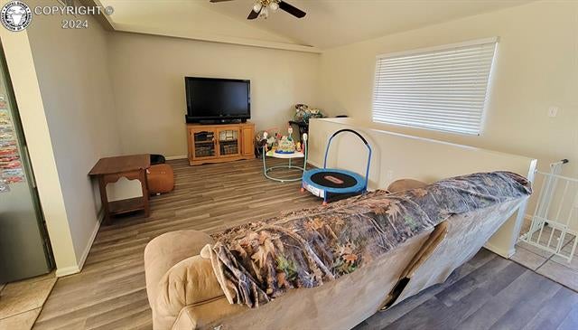 950 Quail Road Coal Creek, CO 81221 - Photo 11 of 36 Living room with ceiling fan, hardwood / wood-style floors, and lofted ceiling