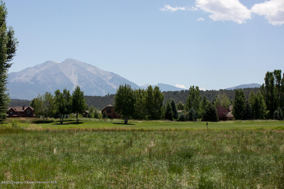 a view of a grassy field with mountains in the background