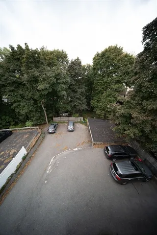 a view of a street with a slide