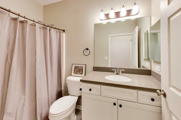 a bathroom with a granite countertop sink vanity mirror and toilet