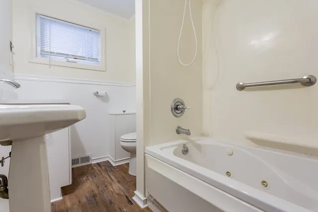 a bathroom with a bathtub and a toilet