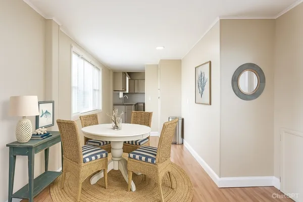 a view of a dining room with furniture and a window