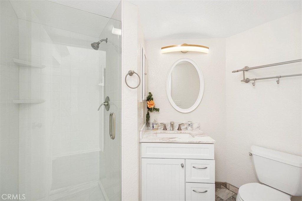 32321 Azores Road Dana Point, CA 92629 - Photo 23 of 30 a bathroom with a toilet a sink a mirror and vanity