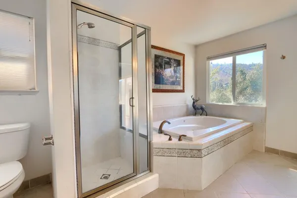 a bathroom with a bathtub and shower