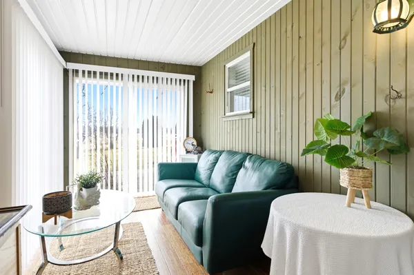 a living room with furniture and a potted plant