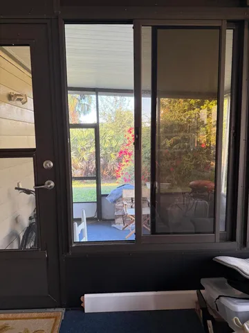 a living room with a large window