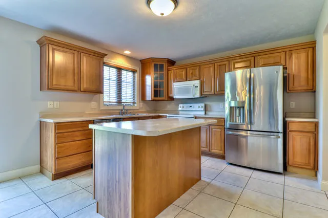 a kitchen with stainless steel appliances granite countertop a refrigerator and a sink