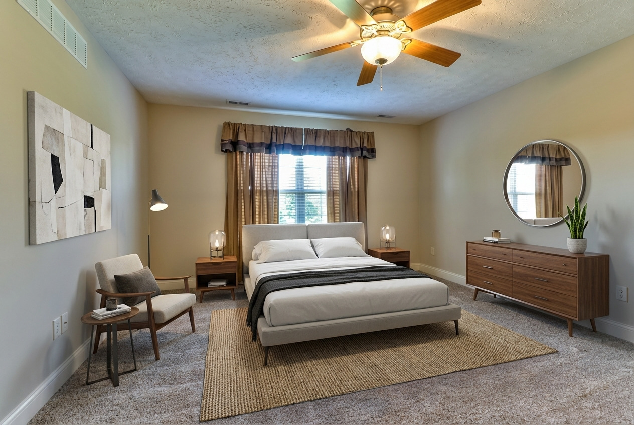 2515 St Andrews Road Urbana, IL 61802 - Photo 23 of 50 a bedroom with a bed a chandelier and a mirror on the dresser