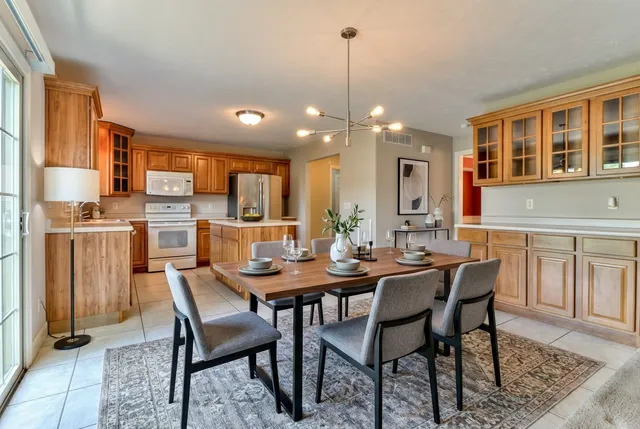 a view of a dining room with furniture