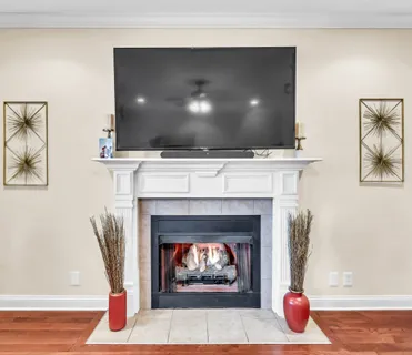 a living room with furniture a fireplace and a flat screen tv