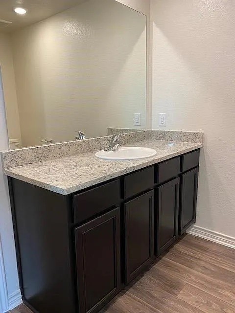 521 Locksley Cove Jarrell, TX 76537 - Photo 4 of 9 a bathroom with a granite countertop sink and a mirror