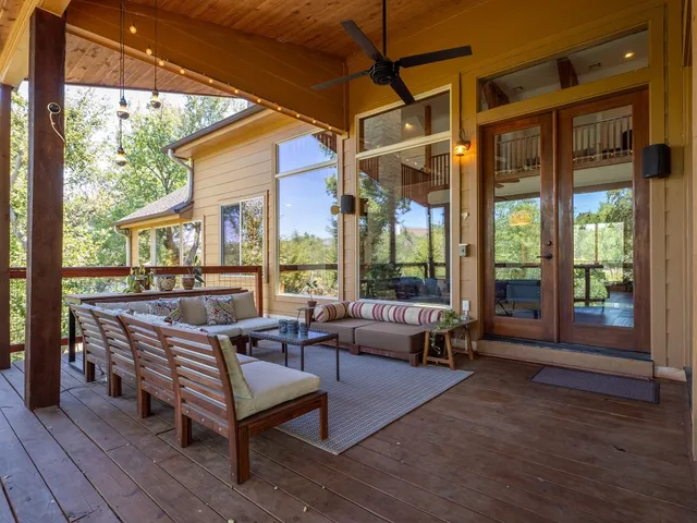 a building outdoor space with patio furniture