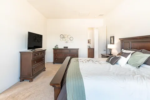 a bedroom with a bed and a television