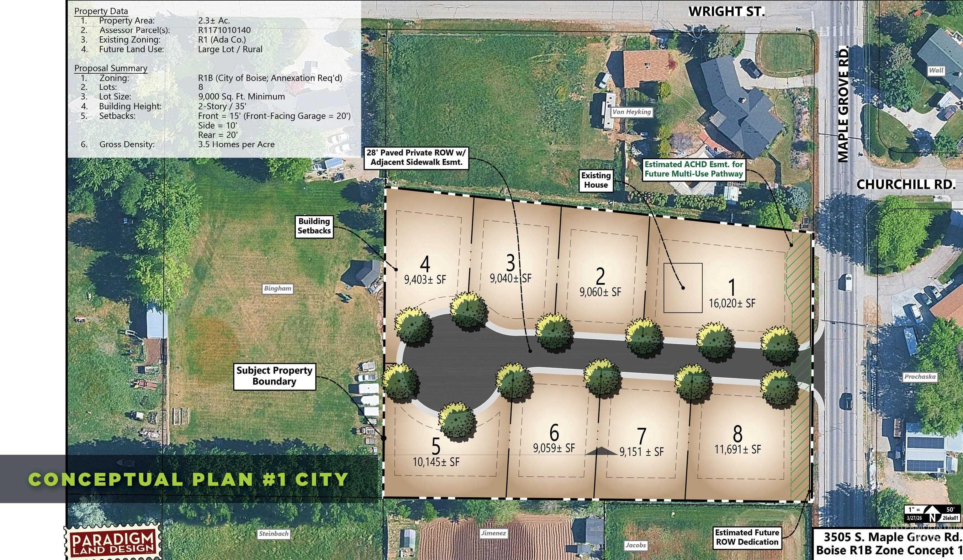 3505 South Maple Grove Road Boise City, ID 83709 - Photo 2 of 6 Conceptual Plan. Site layout for the property, including proposed lot divisions and property data