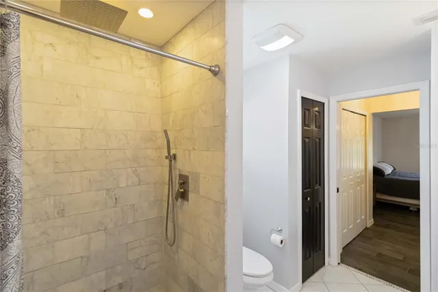 a bathroom with a shower and a toilet
