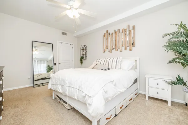a bed room with a bed and a potted plant