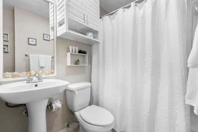 a bathroom with a sink a toilet and shower curtain