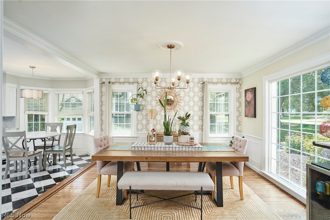 183 Overwood Road Akron, OH 44313 - Photo 13 of 34 Dining area featuring wood-finish flooring and patterned accent walls
