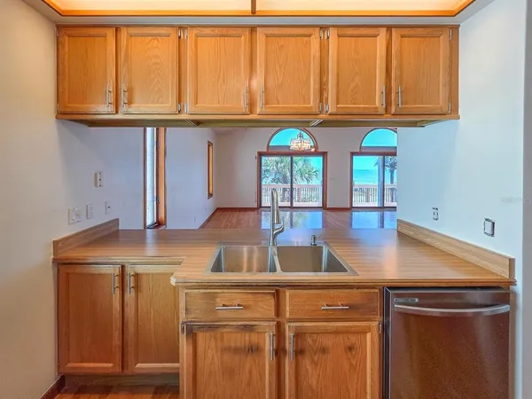 a view of a room with a large window