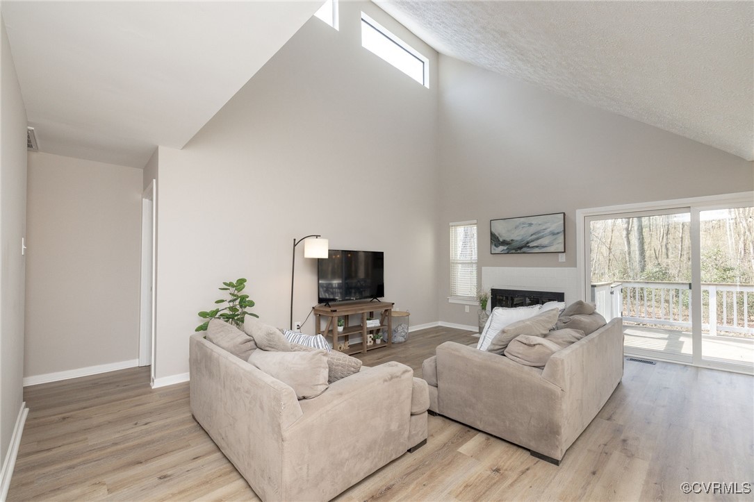 3018 3 Bridges Road Midlothian, VA 23112 - Photo 6 of 30 Living room featuring high vaulted ceiling, a fire