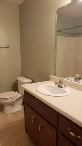 a bathroom with a sink a toilet and a mirror