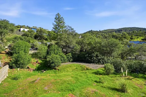 a backyard of a house with lots of green space and mountain view