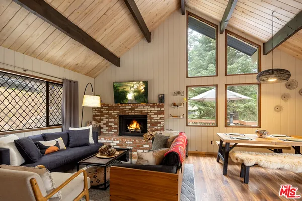 a living room with furniture a fireplace and a floor to ceiling window
