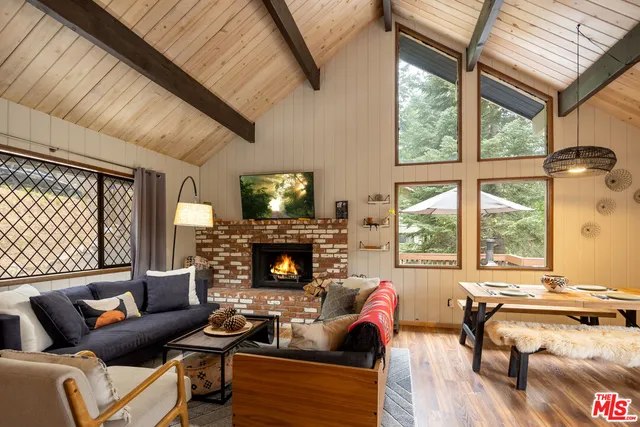 a living room with furniture a fireplace and a floor to ceiling window