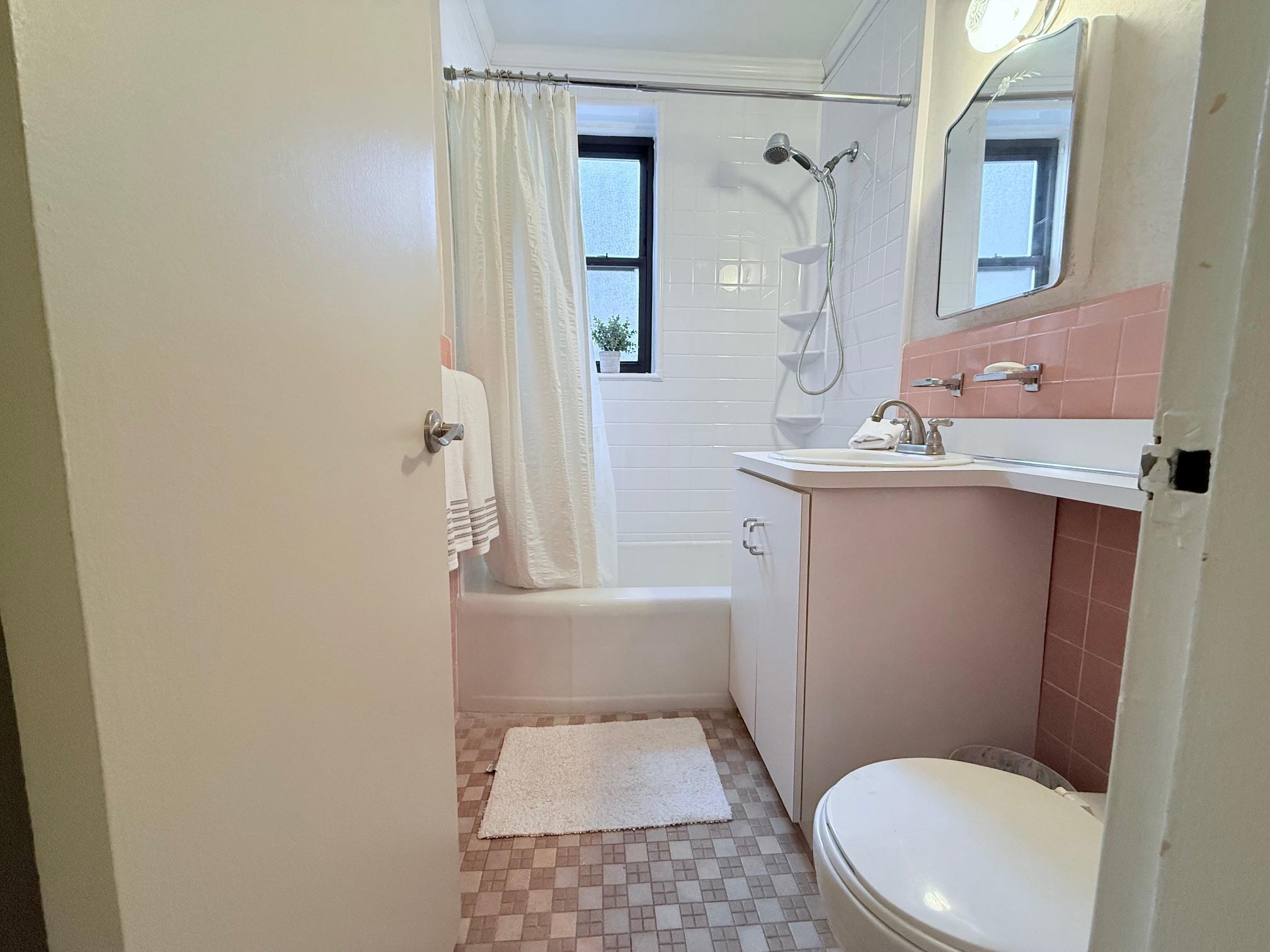 83-15 98th Street, Unit 3C Queens, NY 11421 - Photo 10 of 12 a bathroom with a sink a toilet a mirror a vanity and shower