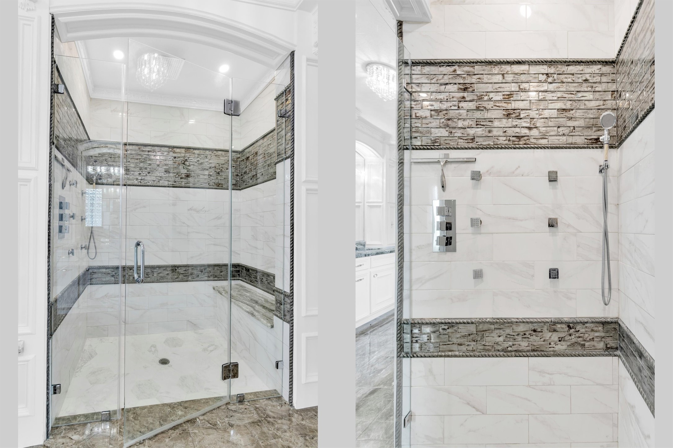 10887 Decatur Street Willis, TX 77318 - Photo 29 of 50 Spa-style primary bath featuring an oversized walk-in shower loaded with multiple body jets and shower heads—built for a true high-end, full-coverage experience.