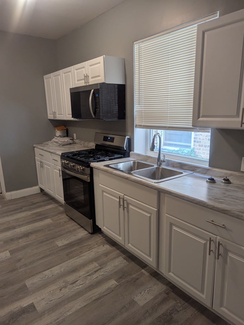 7936 South Champlain Avenue, Unit 1 Chicago, IL 60619 - Photo 3 of 8 a kitchen with granite countertop a sink and a stove top oven with wooden floor